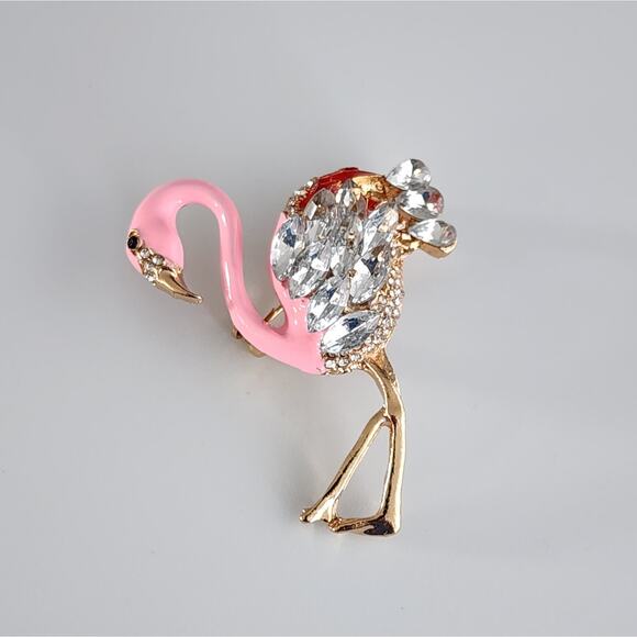Pink Flamingo Brooch Enamel and Faux Jewel & Crystals Goldtone Metal - Picture 3 of 5